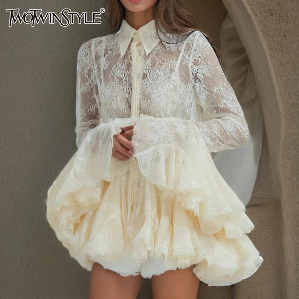TWOTWINSTYLE Solid Sheer Spliced Lace Sexy Mini Dresses for Women Lapel Long Sleeves Patchwork Ruffles Folds Dress Female New