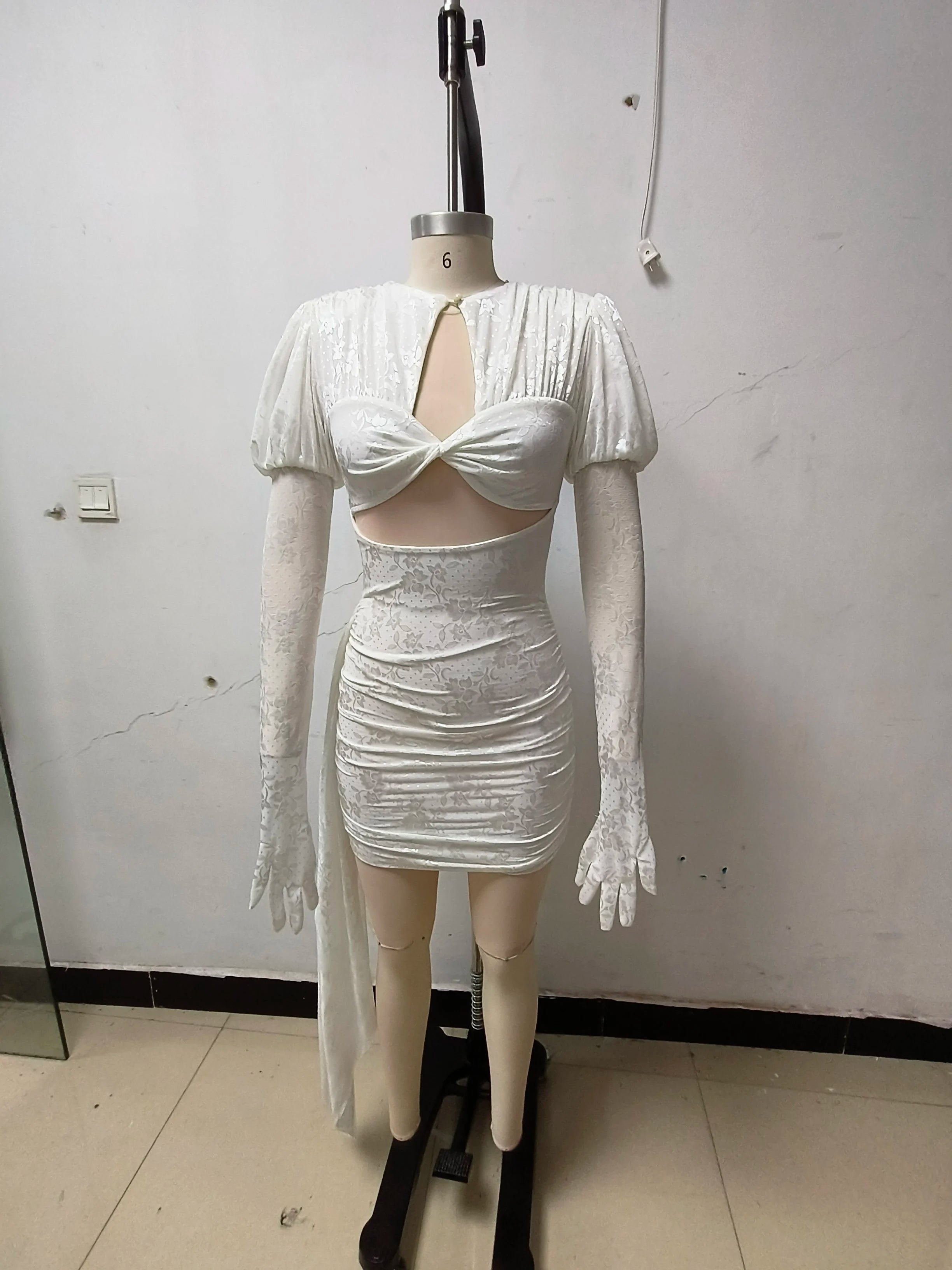 High Quality Red White Women Long Sleeve Sexy Lace Draped Bodycon Mini Dress Gloves Nightclub Party Celebrate Birthday Dress
