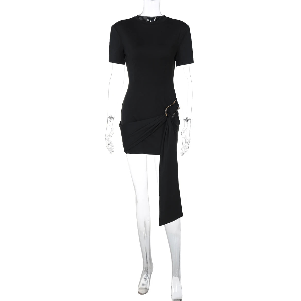 Dulzura O-Neck Short Sleeves Lace Up Bodycon Metal Button Mini Dress Solid Casual Elegant Short Dress Club Streetwear Outfit