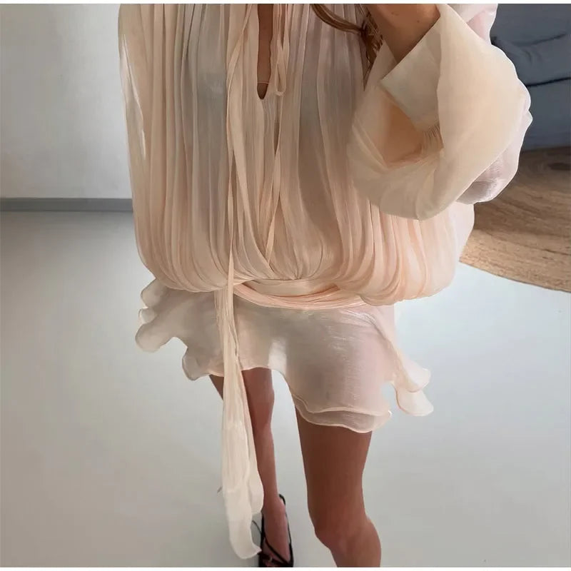 Elegant Ruched Mini Dress For Women Round Neck Lantern Long Sleeve High Waist Temperament Dresses Female Fashion 2025 CLOTHING