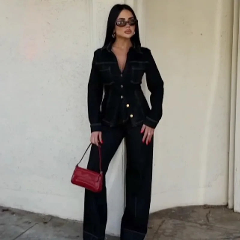 HXAO Black Denim Pant Sets Women's Two Pieces Set Slim Long Sleeve Shirt 2 Piece Sets Woman Outfit High Waist Flare Trousers Set