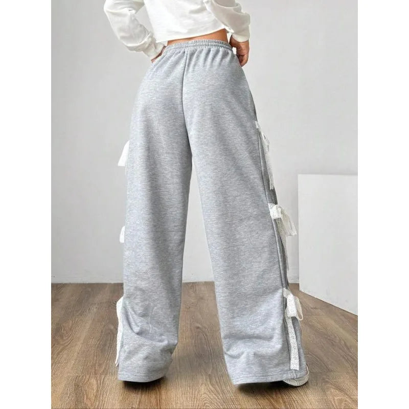 Plus Size 1XL-5XL Women's Grey Lace Lace-up Pants Vintage Harajuku 90s Aesthetic Sweatpants Retro High Waist Wide Trousers