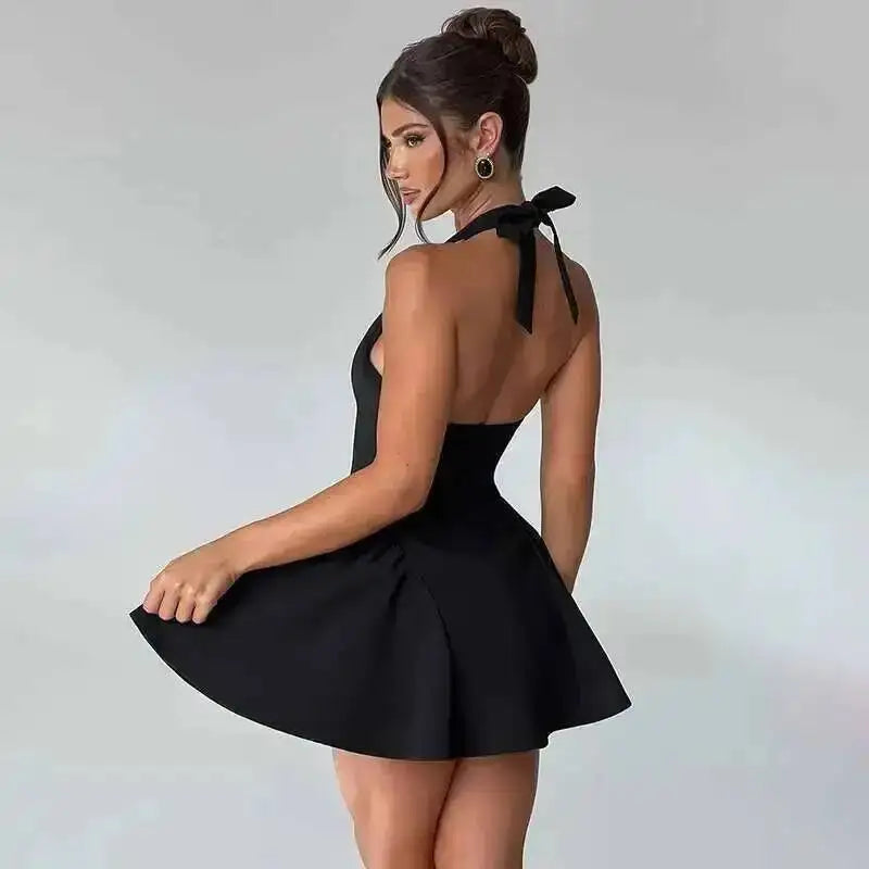 Townlike Waist Wrap A-line Pleated Dress Women Halter Mini 2024 Summer Dress V Neck Backless Nightclub Sexy Party Dresses