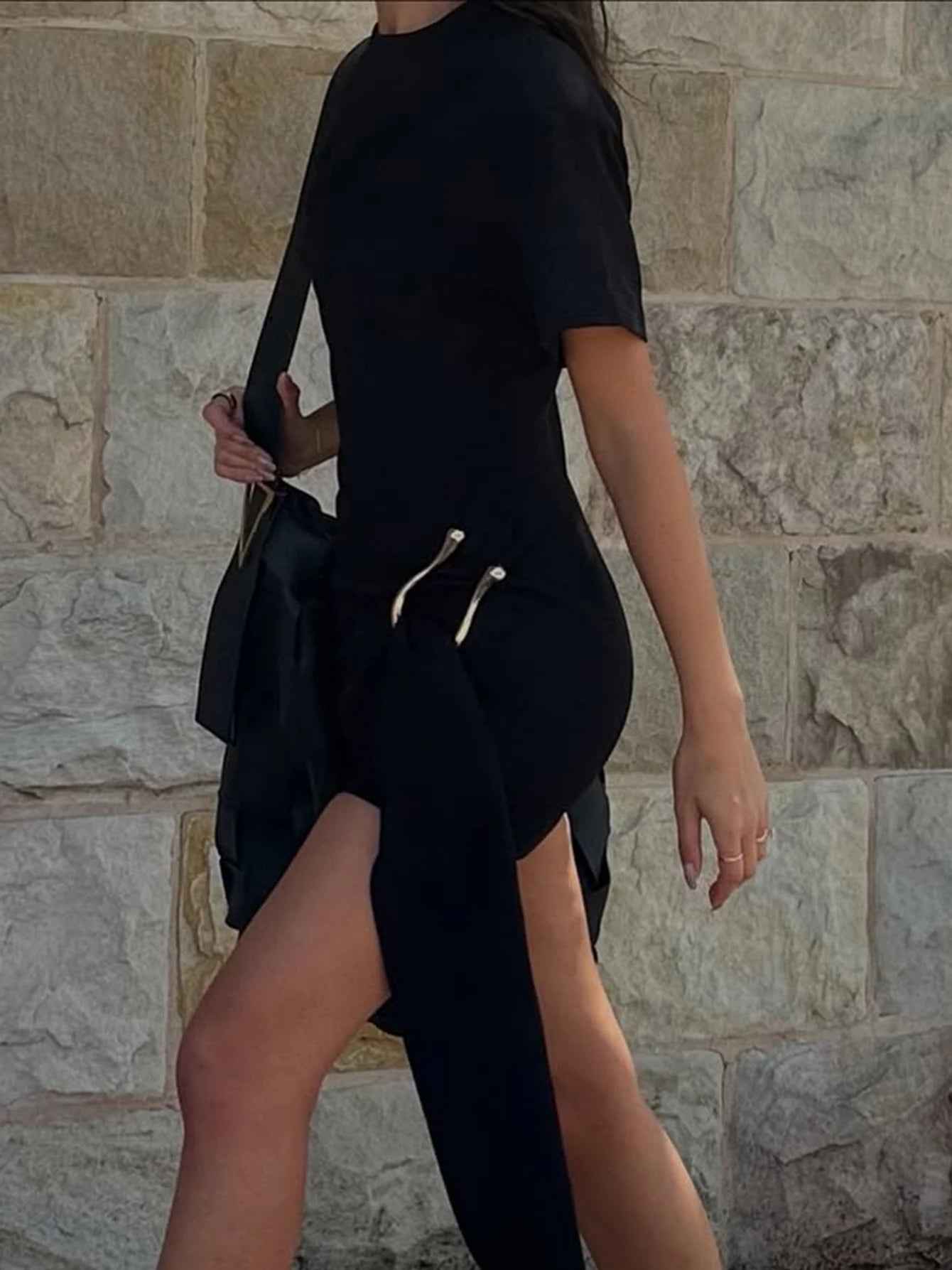 Dulzura O-Neck Short Sleeves Lace Up Bodycon Metal Button Mini Dress Solid Casual Elegant Short Dress Club Streetwear Outfit