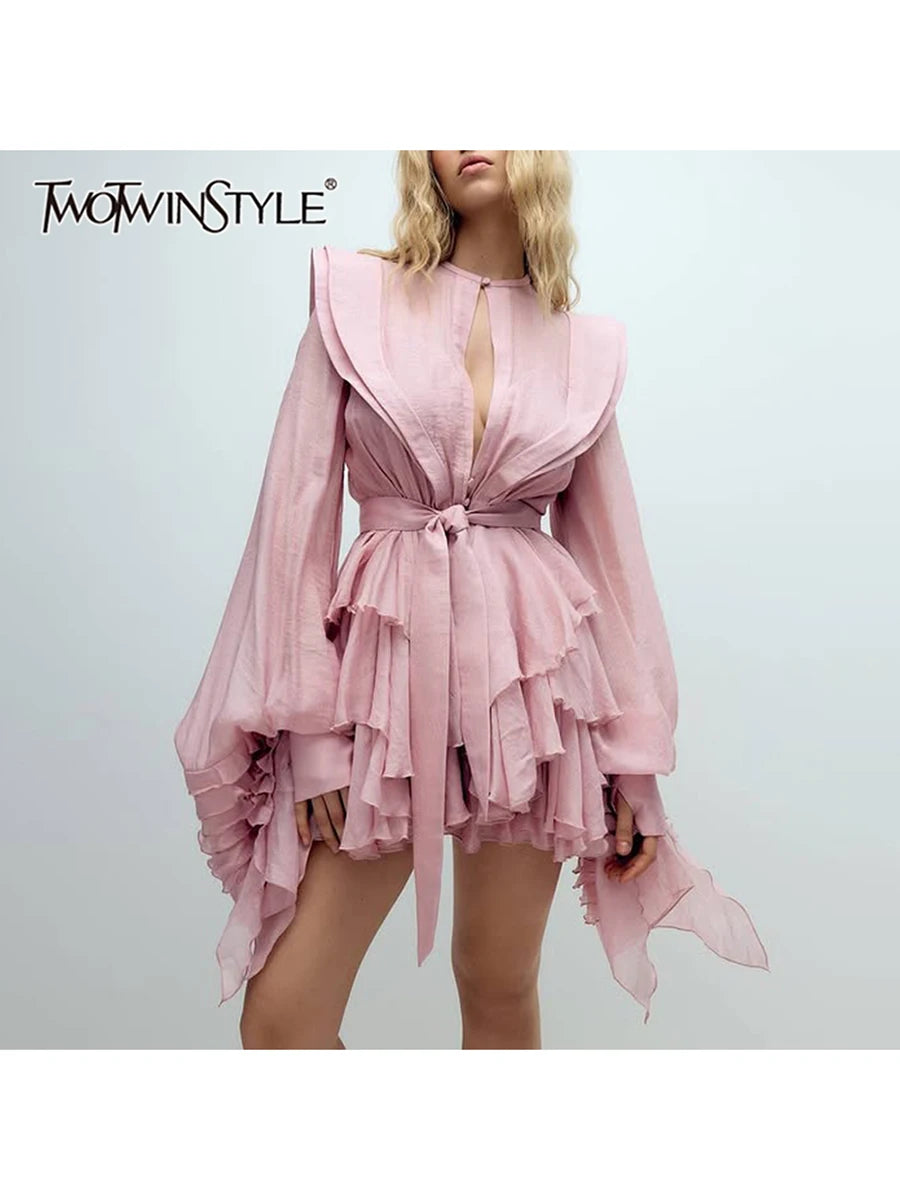 TWOTWINSTYLE Lace Up Slimming Mini Dress | Long Sleeve