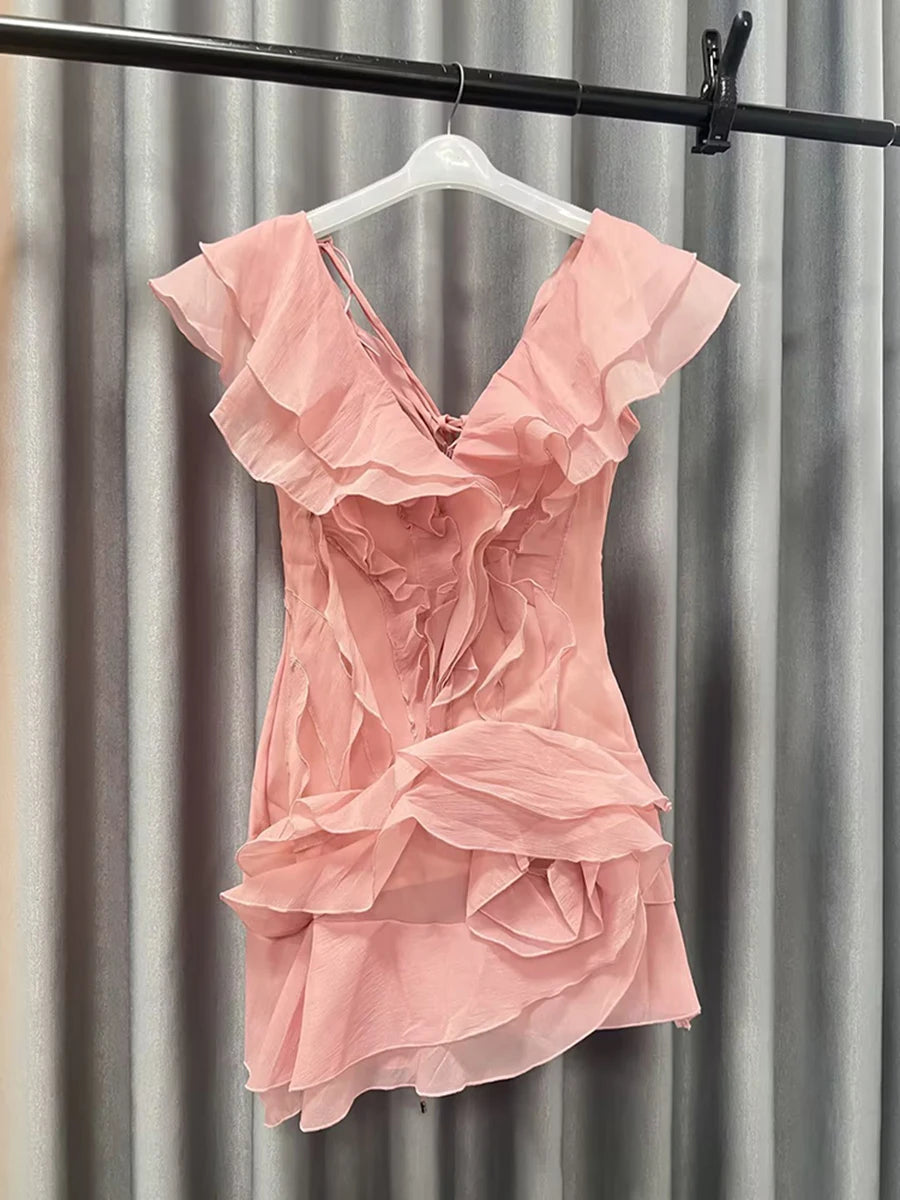 VGH Solid Slimming Sweet Mini Dresses For Women Slash Neck Off The Shoulder Sleeve High Waist Folds Temperament Dress Female New