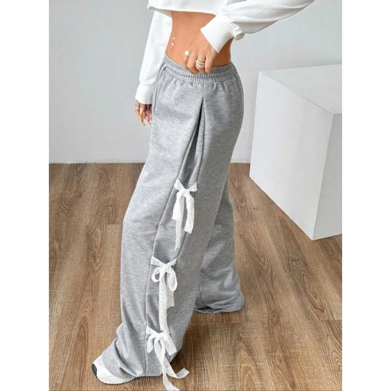Plus Size 1XL-5XL Women's Grey Lace Lace-up Pants Vintage Harajuku 90s Aesthetic Sweatpants Retro High Waist Wide Trousers