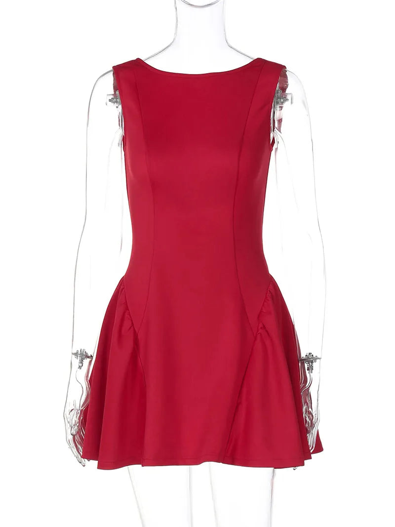 DGLUKE Elegant Red Mini Dress Women Boat Neck Sleeveless High Waist A-line Dress Backless Pleated Short Prom Party Dresses
