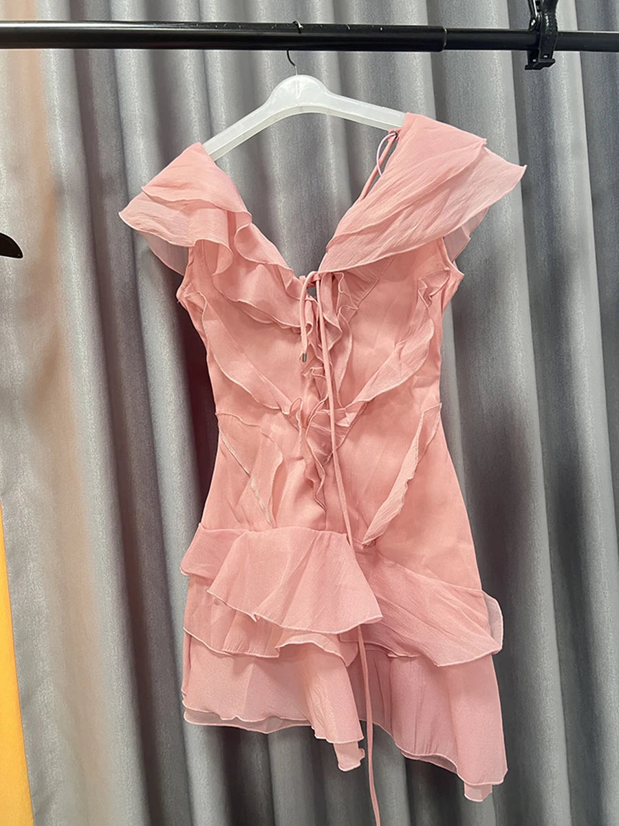 VGH Solid Slimming Sweet Mini Dresses For Women Slash Neck Off The Shoulder Sleeve High Waist Folds Temperament Dress Female New