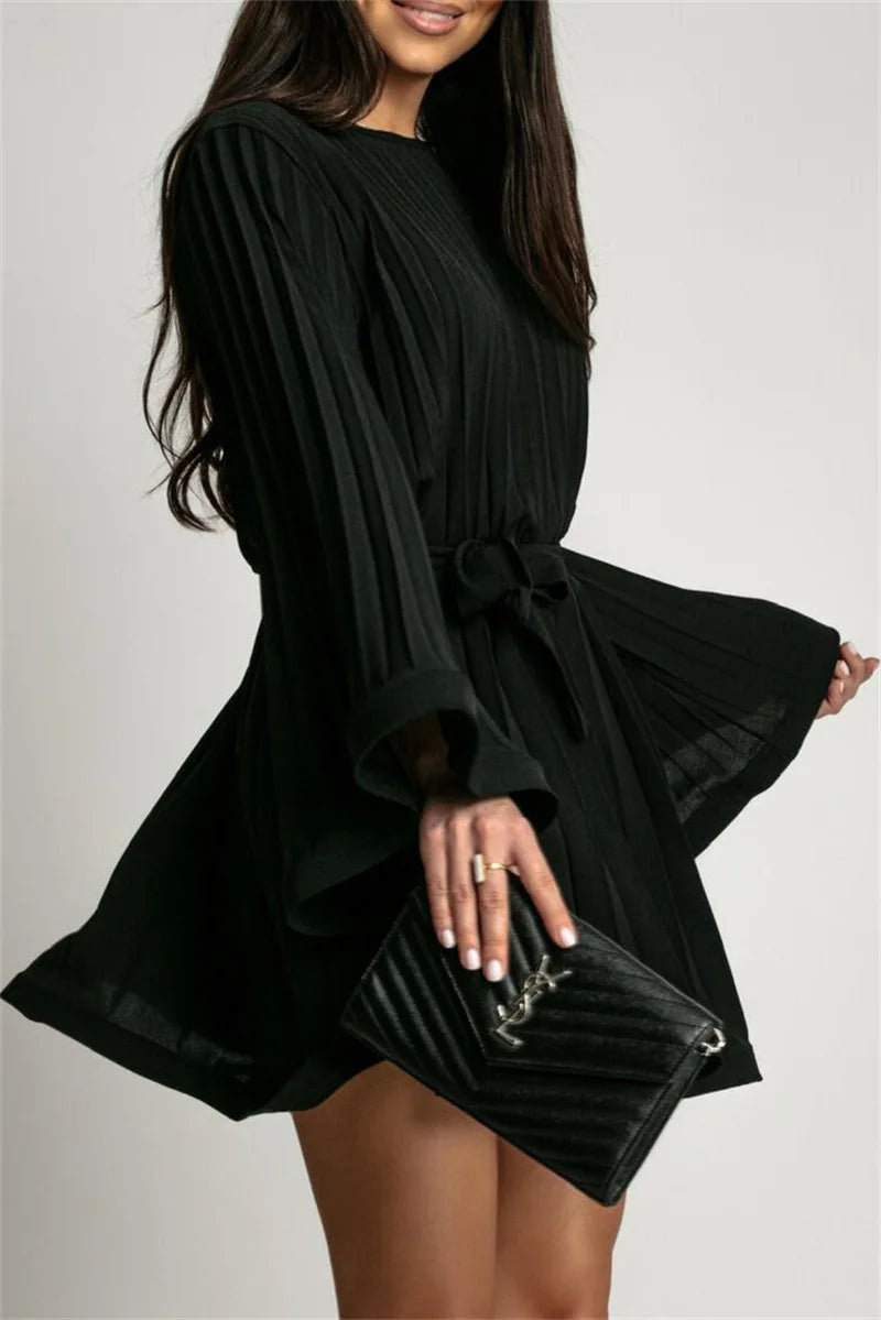 New Spring Summer Elegant Pleated Dress Women Fashion Solid Round Neck Flared Sleeve Lace-up Pleated Mini Dress Women