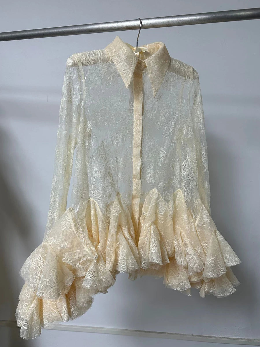 TWOTWINSTYLE Solid Sheer Spliced Lace Sexy Mini Dresses for Women Lapel Long Sleeves Patchwork Ruffles Folds Dress Female New