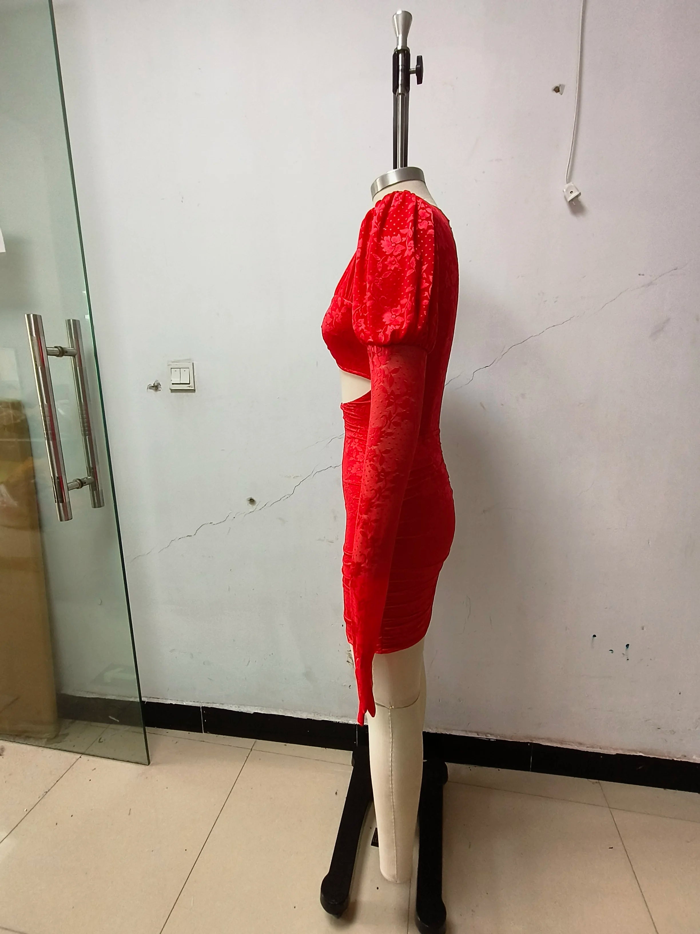 High Quality Red White Women Long Sleeve Sexy Lace Draped Bodycon Mini Dress Gloves Nightclub Party Celebrate Birthday Dress