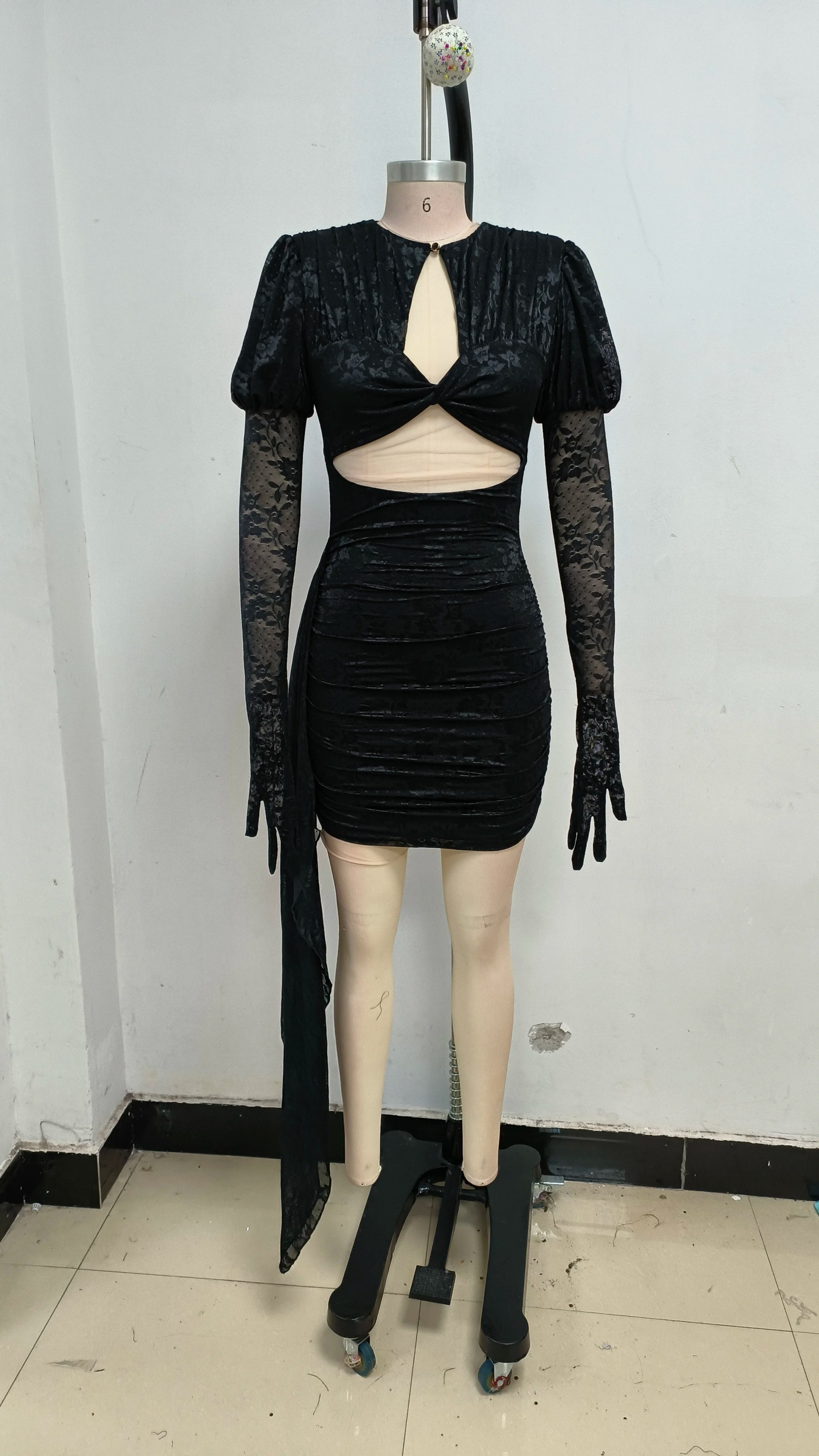 High Quality Red White Women Long Sleeve Sexy Lace Draped Bodycon Mini Dress Gloves Nightclub Party Celebrate Birthday Dress