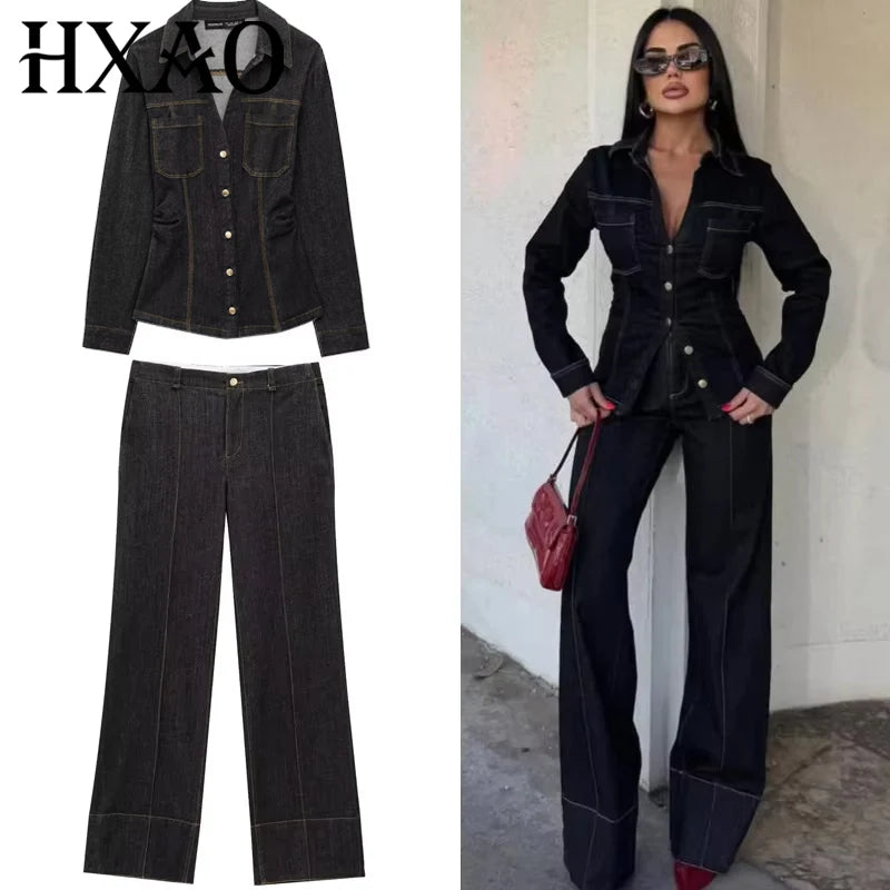 HXAO Black Denim Pant Sets Women's Two Pieces Set Slim Long Sleeve Shirt 2 Piece Sets Woman Outfit High Waist Flare Trousers Set