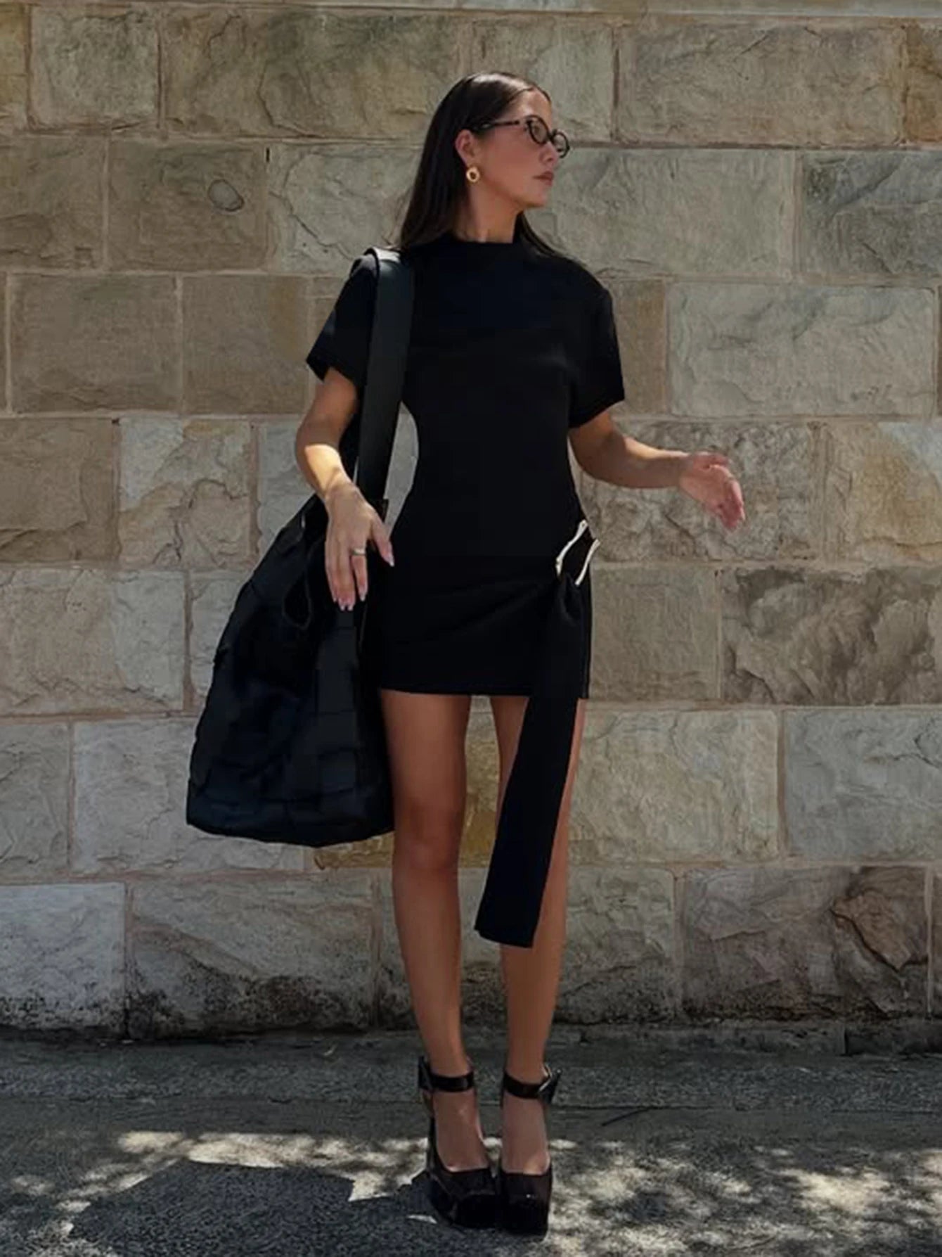 Dulzura O-Neck Short Sleeves Lace Up Bodycon Metal Button Mini Dress Solid Casual Elegant Short Dress Club Streetwear Outfit