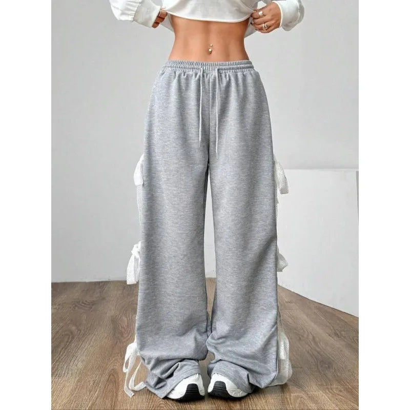 Plus Size 1XL-5XL Women's Grey Lace Lace-up Pants Vintage Harajuku 90s Aesthetic Sweatpants Retro High Waist Wide Trousers