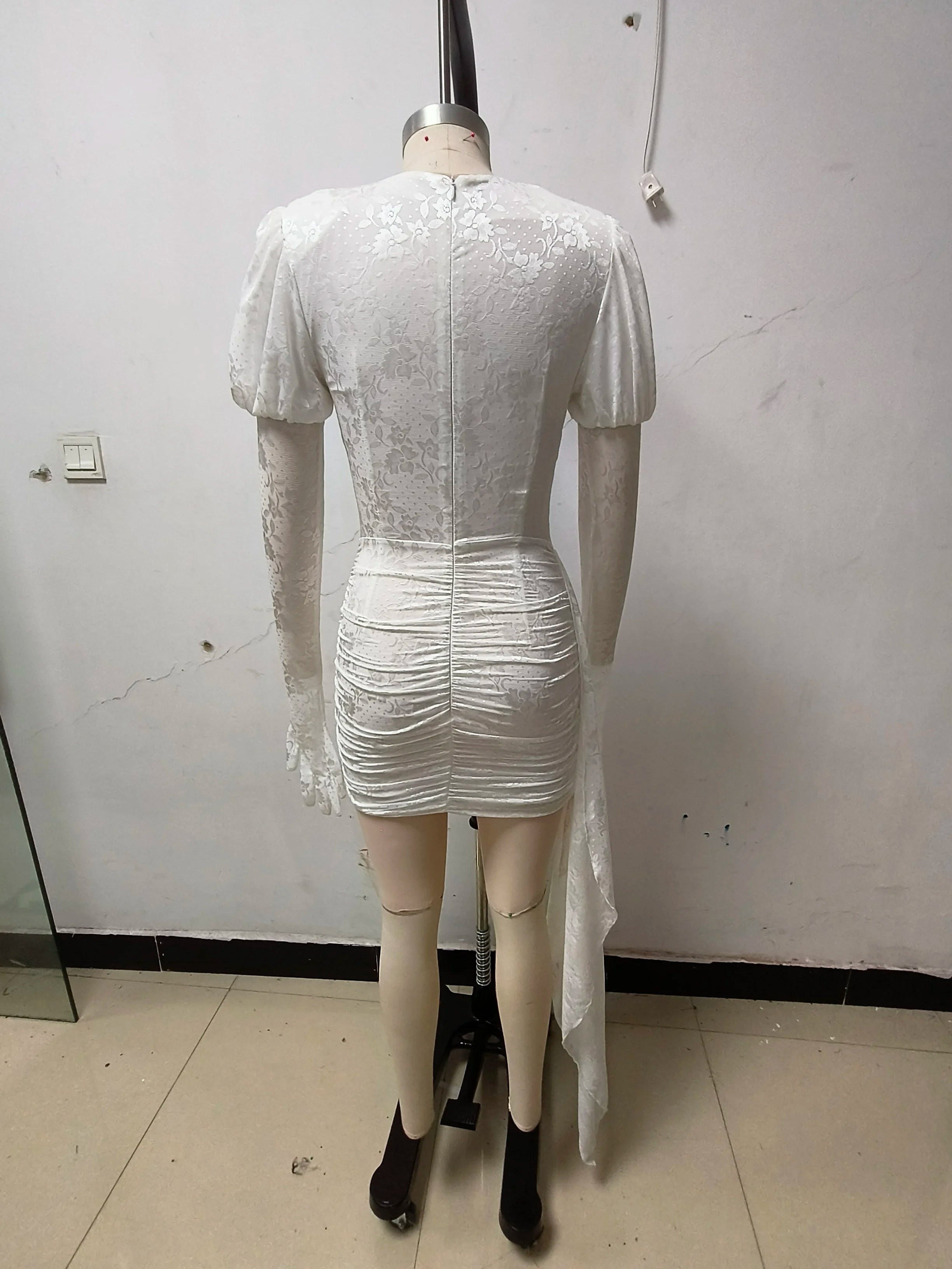 High Quality Red White Women Long Sleeve Sexy Lace Draped Bodycon Mini Dress Gloves Nightclub Party Celebrate Birthday Dress