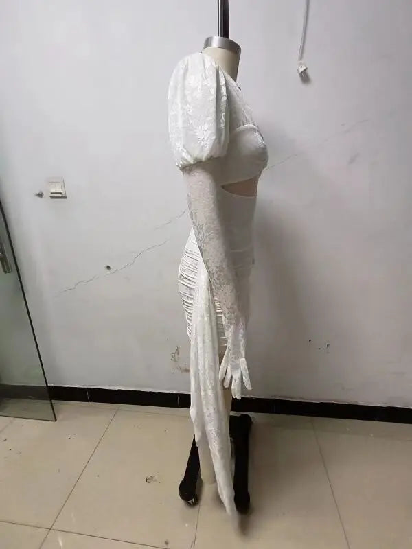 High Quality Red White Women Long Sleeve Sexy Lace Draped Bodycon Mini Dress Gloves Nightclub Party Celebrate Birthday Dress