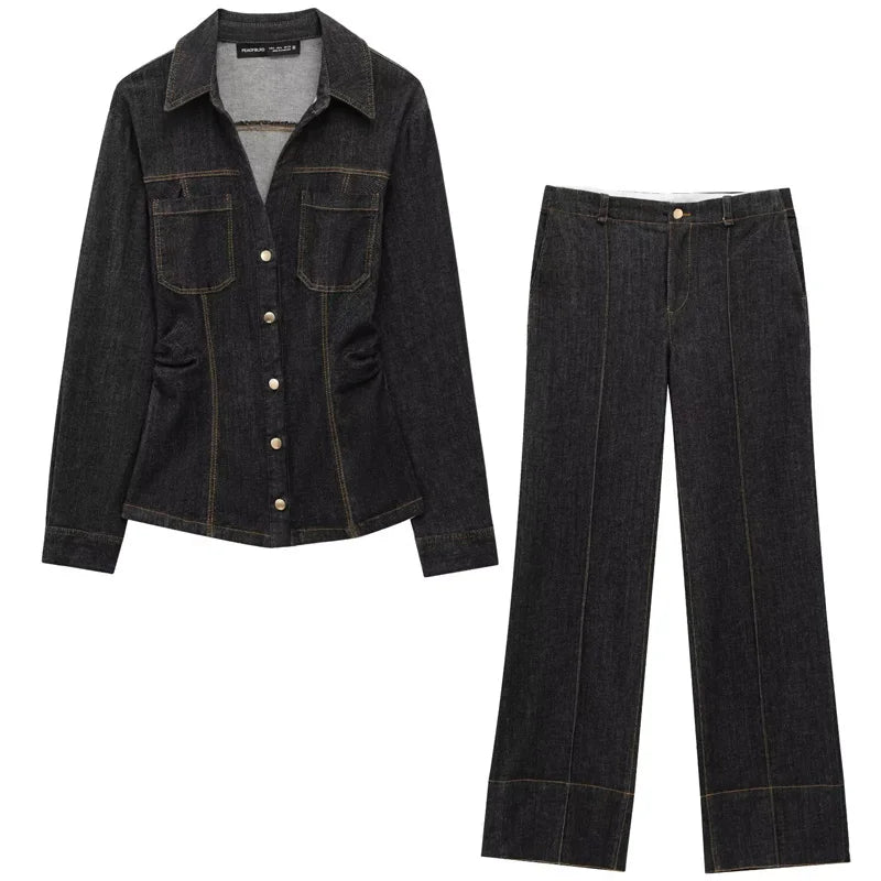 HXAO Black Denim Pant Sets Women's Two Pieces Set Slim Long Sleeve Shirt 2 Piece Sets Woman Outfit High Waist Flare Trousers Set