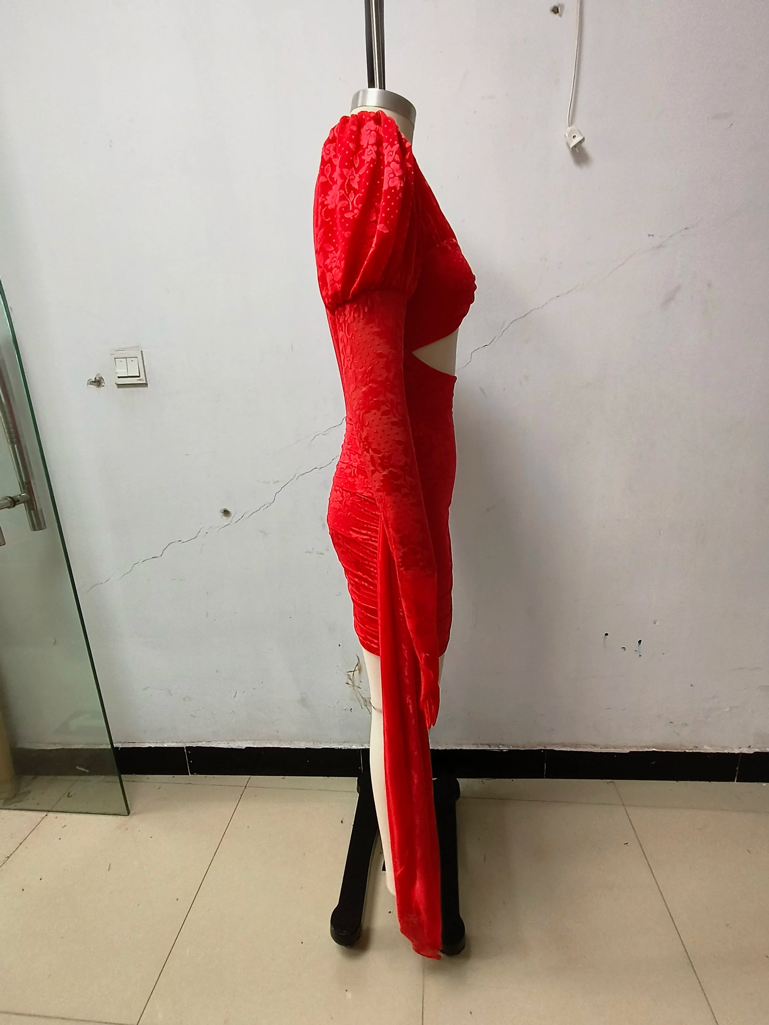 High Quality Red White Women Long Sleeve Sexy Lace Draped Bodycon Mini Dress Gloves Nightclub Party Celebrate Birthday Dress
