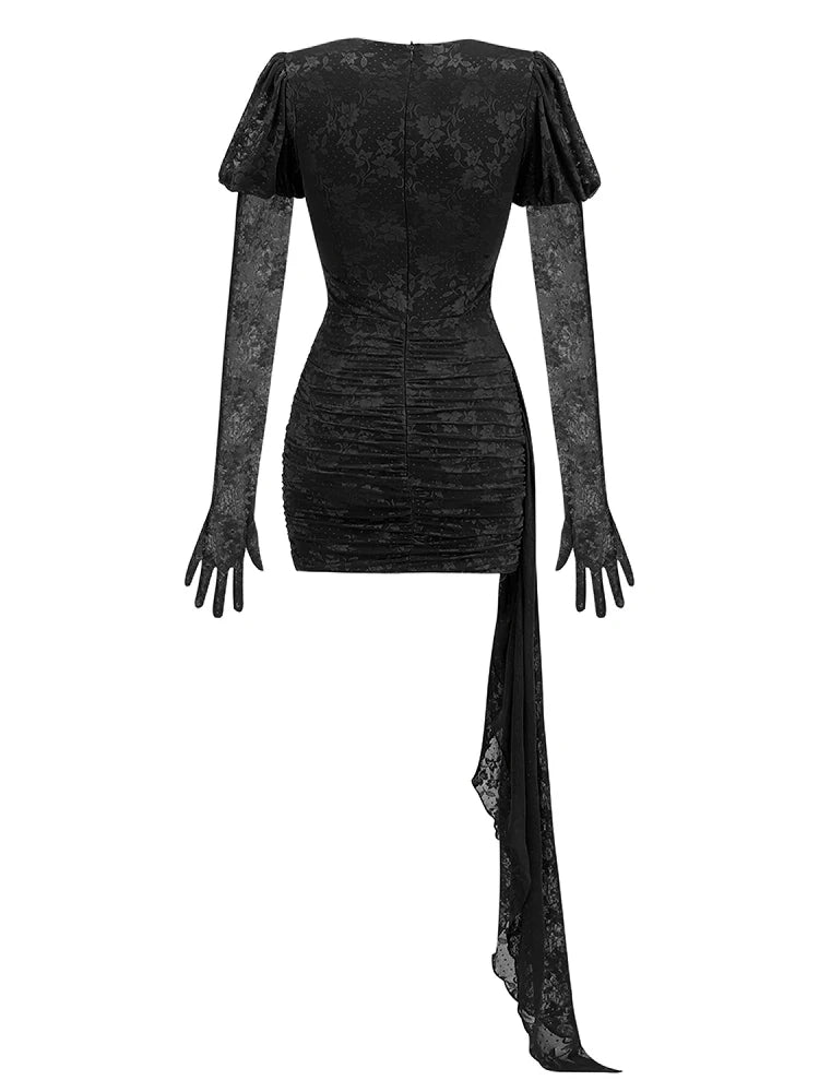 High Quality Red White Women Long Sleeve Sexy Lace Draped Bodycon Mini Dress Gloves Nightclub Party Celebrate Birthday Dress