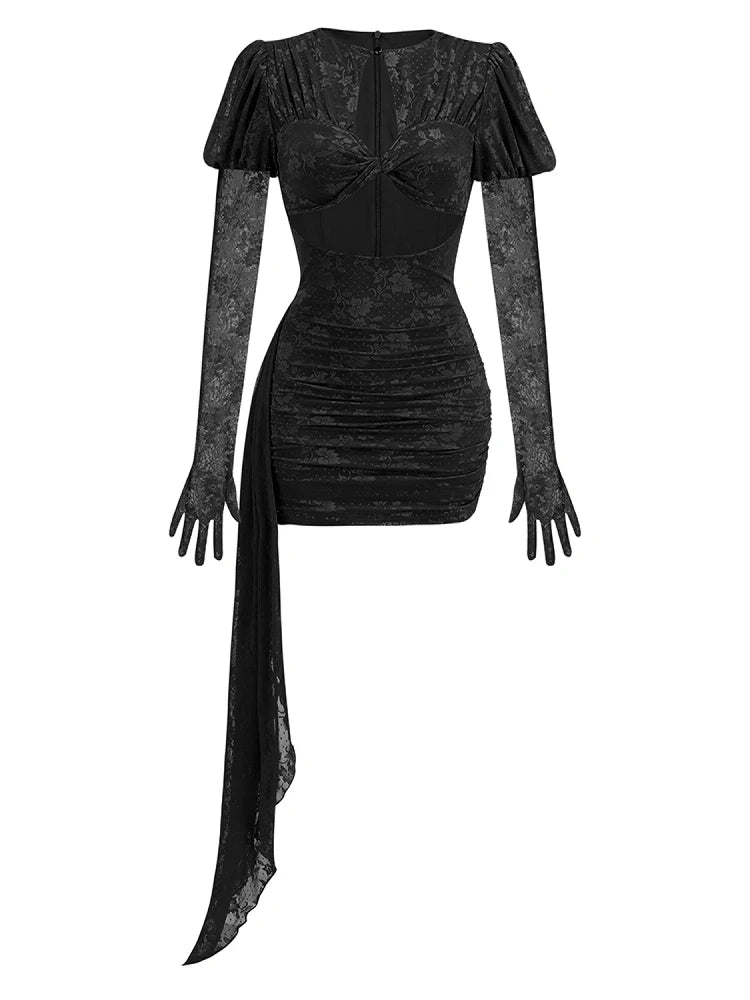 High Quality Red White Women Long Sleeve Sexy Lace Draped Bodycon Mini Dress Gloves Nightclub Party Celebrate Birthday Dress