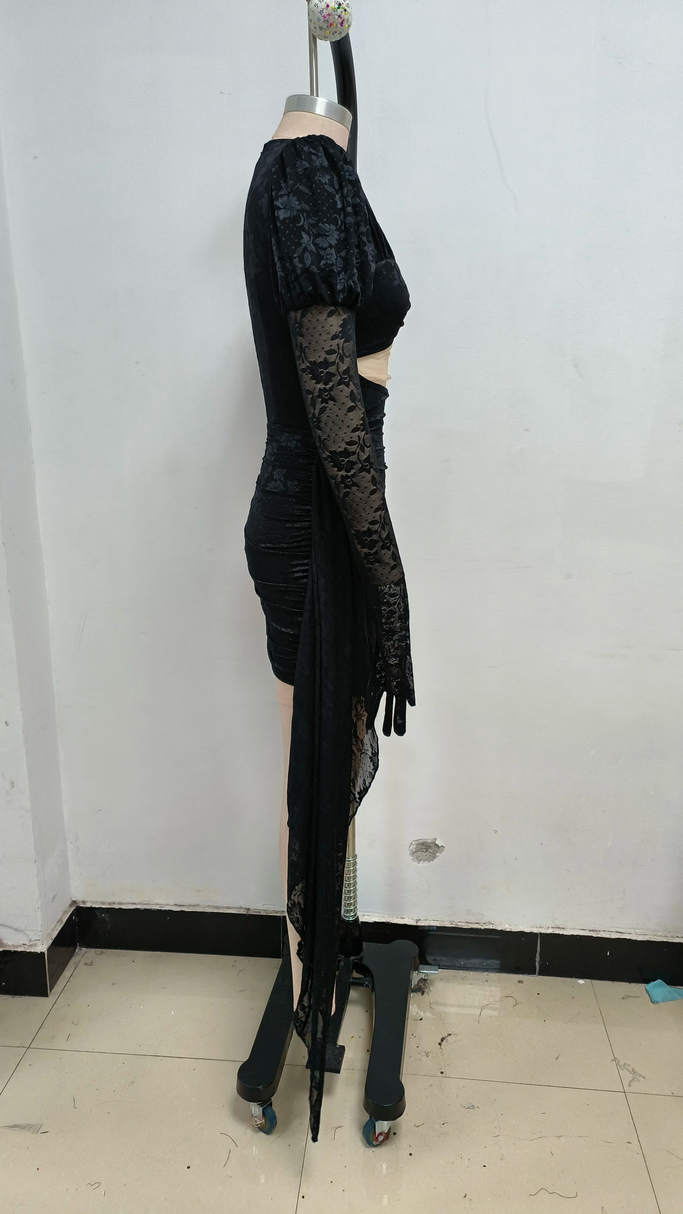 High Quality Red White Women Long Sleeve Sexy Lace Draped Bodycon Mini Dress Gloves Nightclub Party Celebrate Birthday Dress