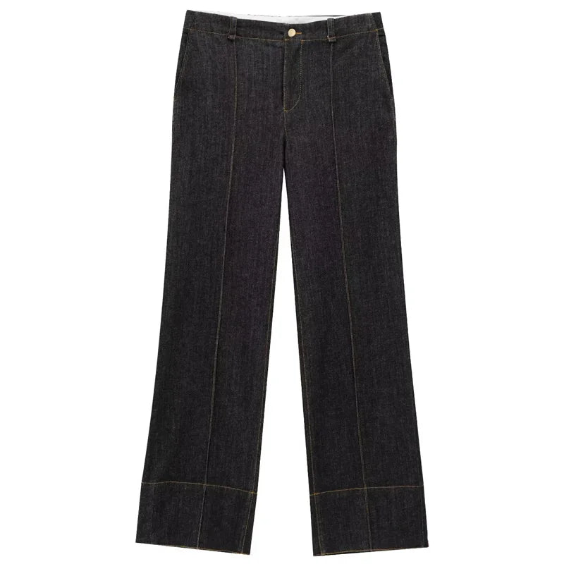 HXAO Black Denim Pant Sets Women's Two Pieces Set Slim Long Sleeve Shirt 2 Piece Sets Woman Outfit High Waist Flare Trousers Set