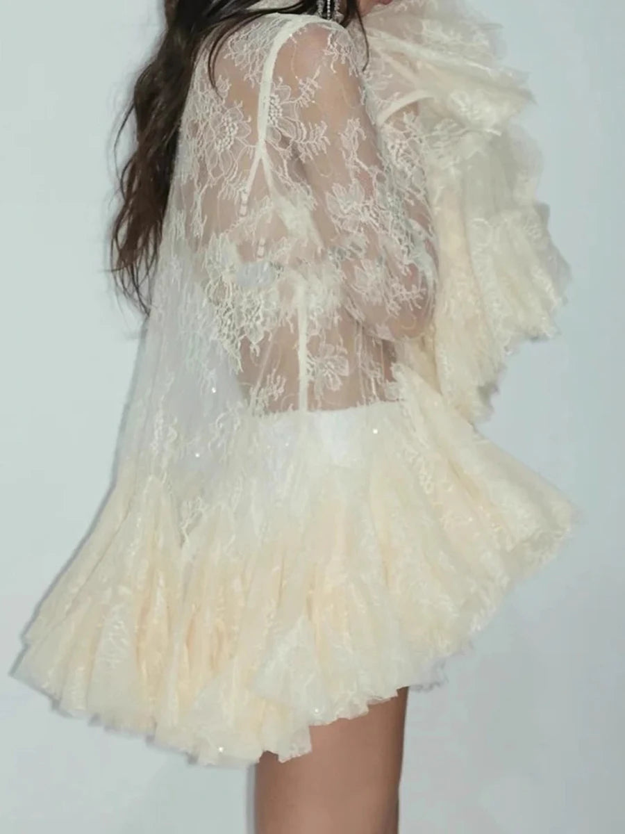 TWOTWINSTYLE Solid Sheer Spliced Lace Sexy Mini Dresses for Women Lapel Long Sleeves Patchwork Ruffles Folds Dress Female New