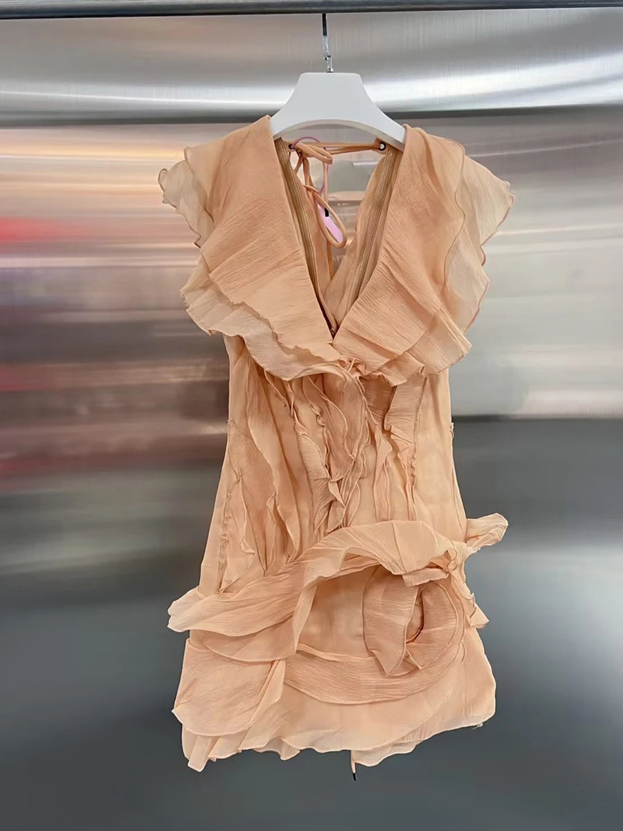 VGH Solid Slimming Sweet Mini Dresses For Women Slash Neck Off The Shoulder Sleeve High Waist Folds Temperament Dress Female New