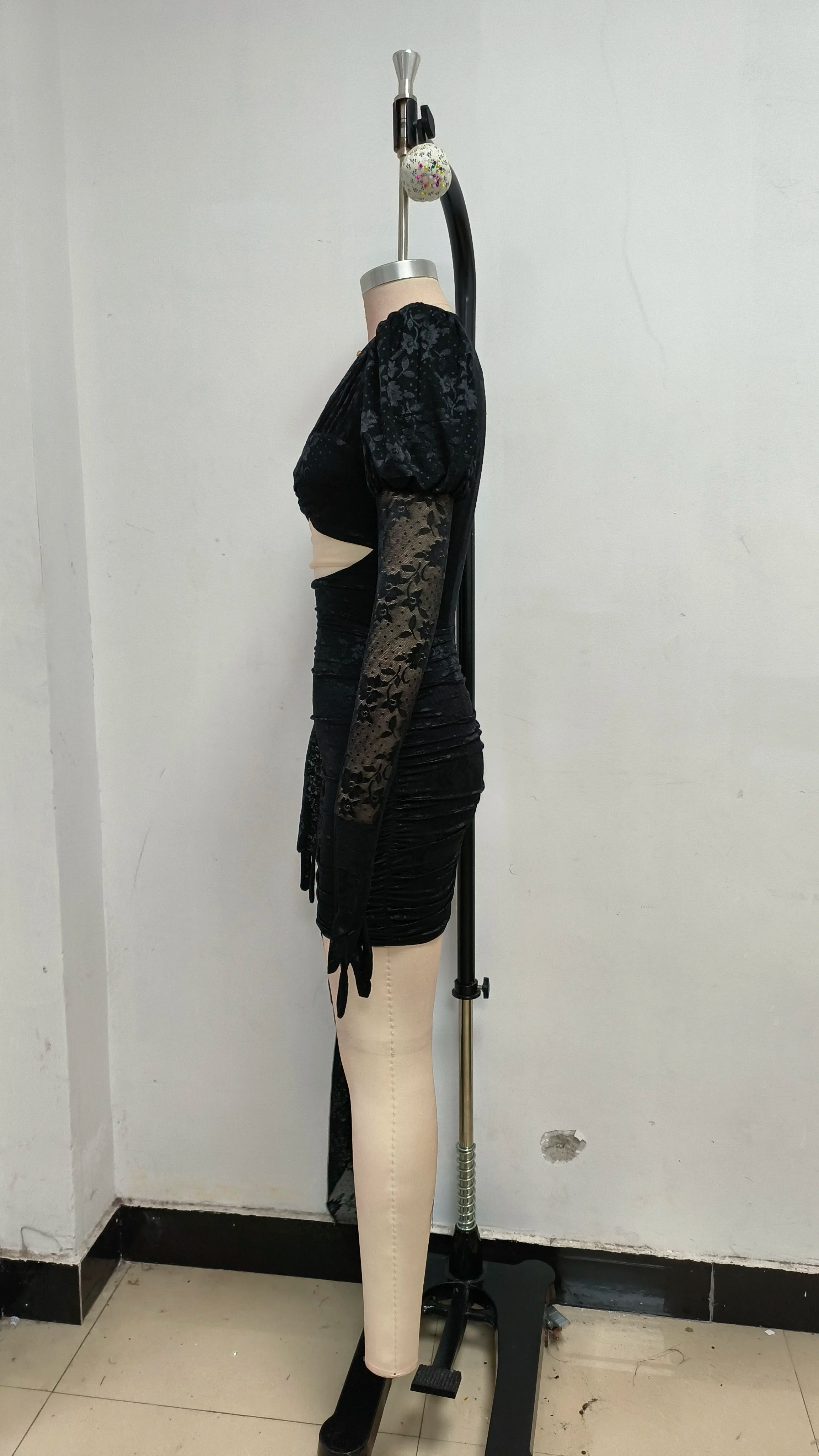 High Quality Red White Women Long Sleeve Sexy Lace Draped Bodycon Mini Dress Gloves Nightclub Party Celebrate Birthday Dress