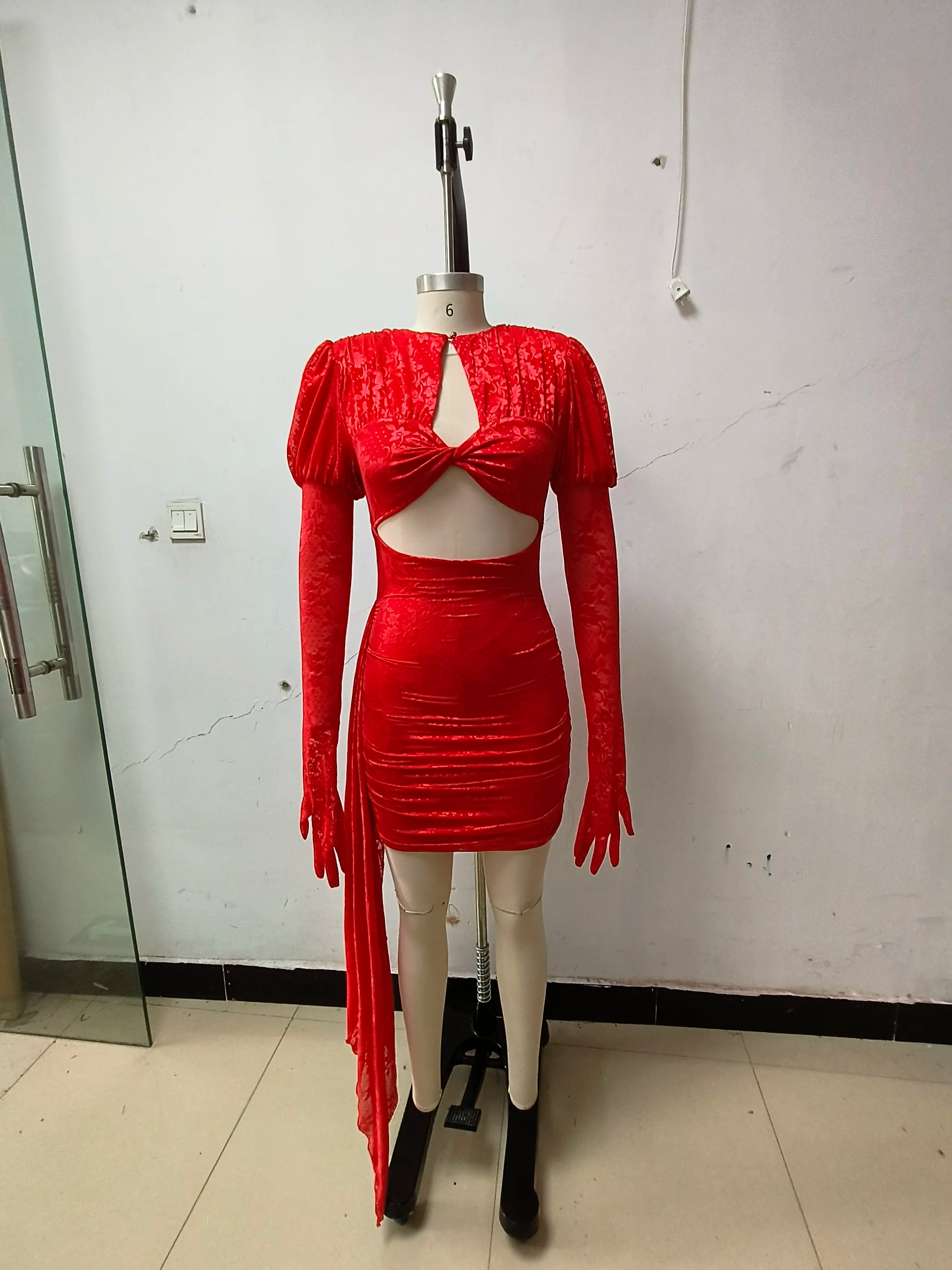 High Quality Red White Women Long Sleeve Sexy Lace Draped Bodycon Mini Dress Gloves Nightclub Party Celebrate Birthday Dress