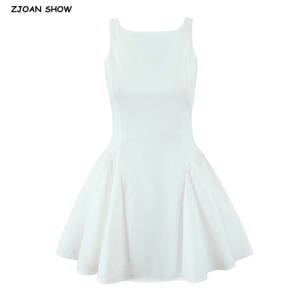 2025 Sexy Slash Collar Deep V Back Backless Mini Sleeveless Dress Women Low Waist Ruched Ball Gown Tank Dresses Summer Robe