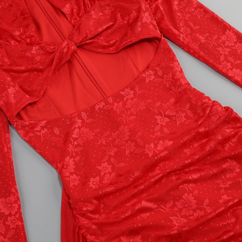 High Quality Red White Women Long Sleeve Sexy Lace Draped Bodycon Mini Dress Gloves Nightclub Party Celebrate Birthday Dress