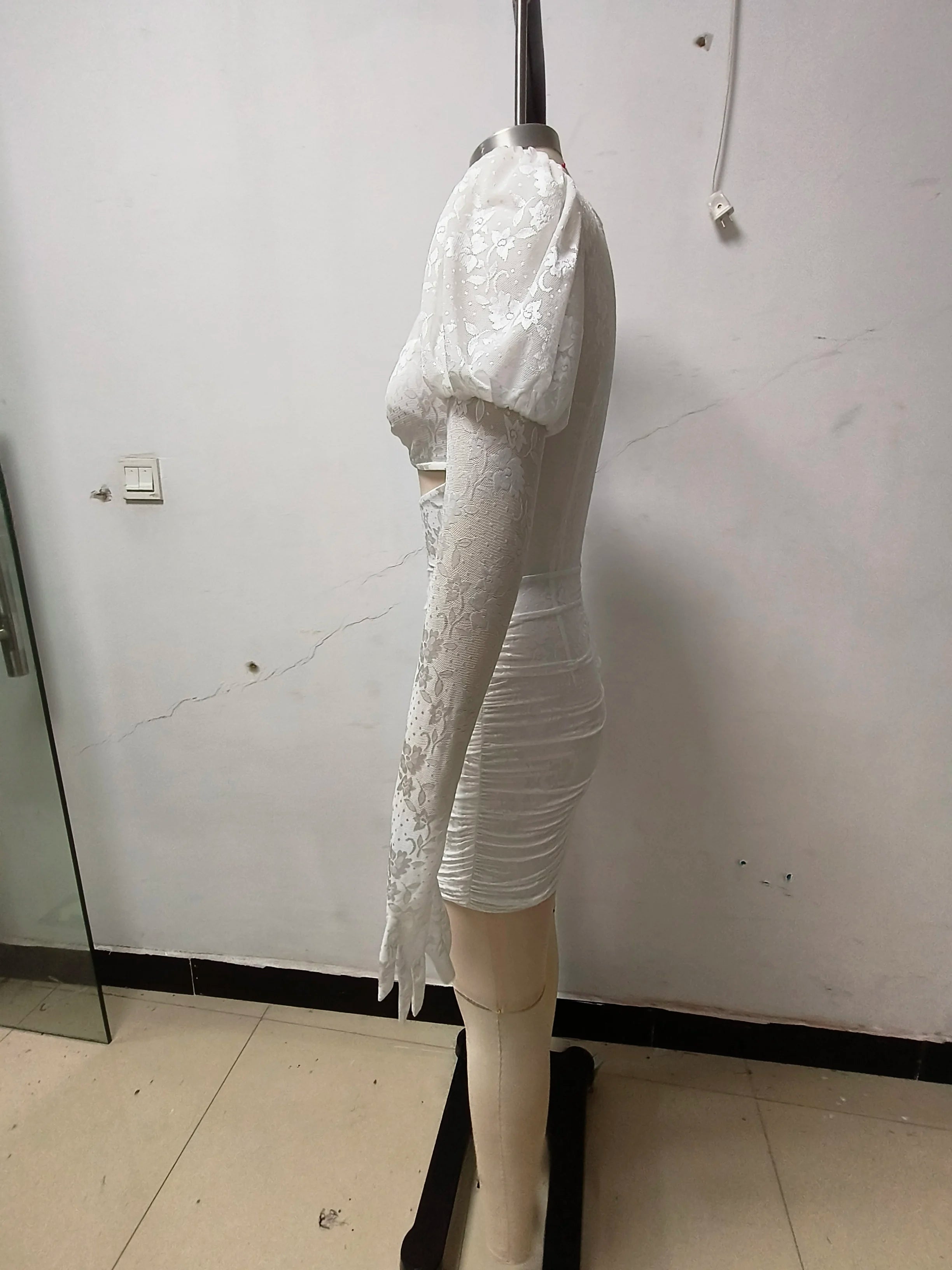 High Quality Red White Women Long Sleeve Sexy Lace Draped Bodycon Mini Dress Gloves Nightclub Party Celebrate Birthday Dress
