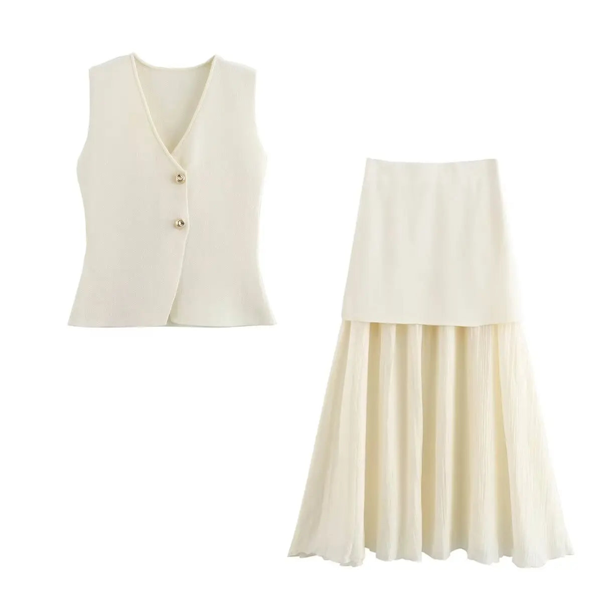 HH 2025 Women Skirt Set Wine Red Knitted V-Neck Sleeveless Slim Vest +Solid High Waist Zipper Patchwork Long Skirt Street