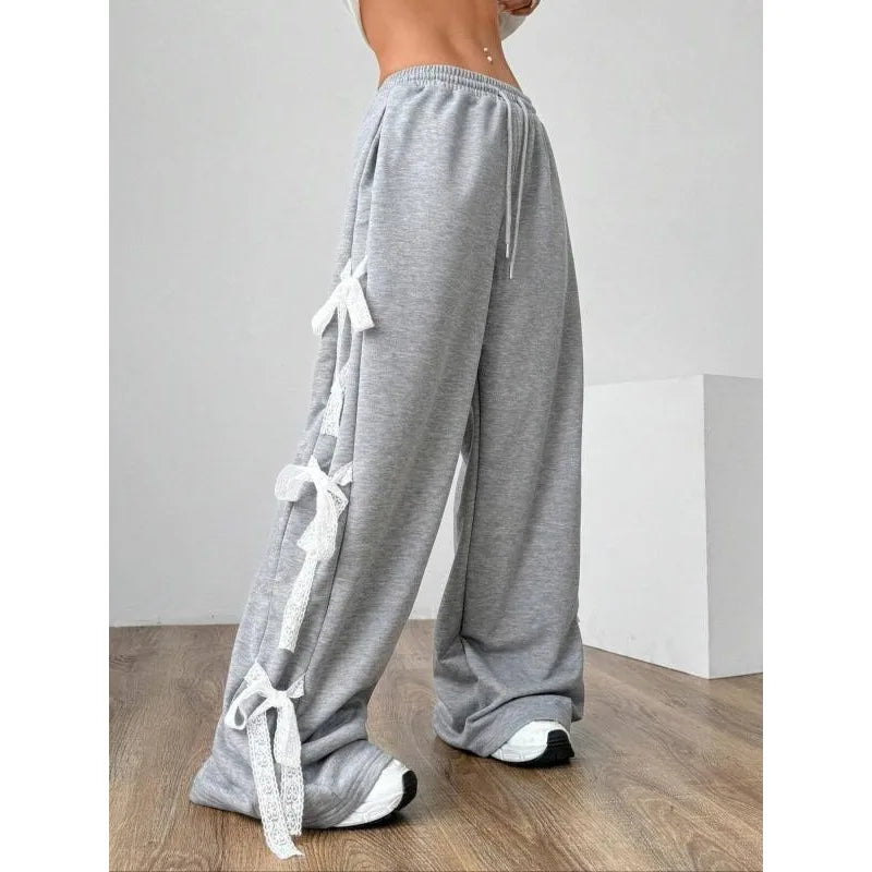 Plus Size 1XL-5XL Women's Grey Lace Lace-up Pants Vintage Harajuku 90s Aesthetic Sweatpants Retro High Waist Wide Trousers