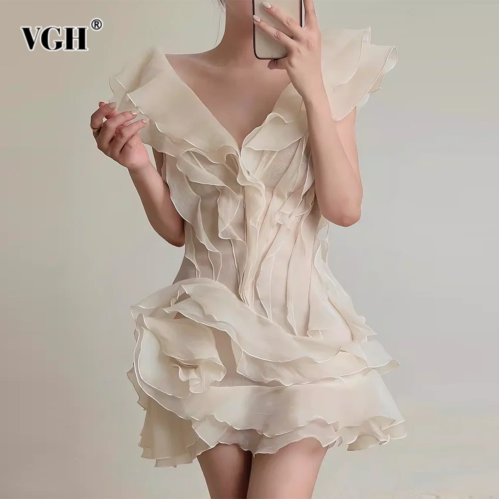 VGH Solid Slimming Sweet Mini Dresses For Women Slash Neck Off The Shoulder Sleeve High Waist Folds Temperament Dress Female New