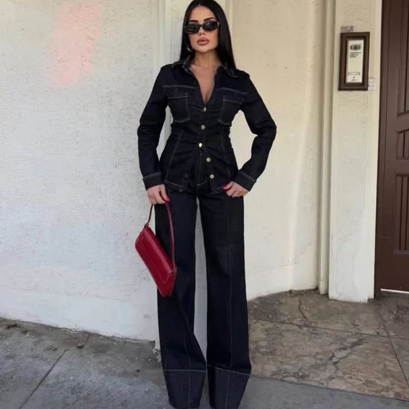 HXAO Black Denim Pant Sets Women's Two Pieces Set Slim Long Sleeve Shirt 2 Piece Sets Woman Outfit High Waist Flare Trousers Set