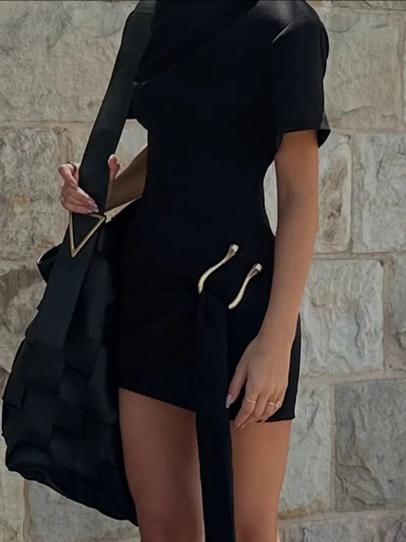 Dulzura O-Neck Short Sleeves Lace Up Bodycon Metal Button Mini Dress Solid Casual Elegant Short Dress Club Streetwear Outfit