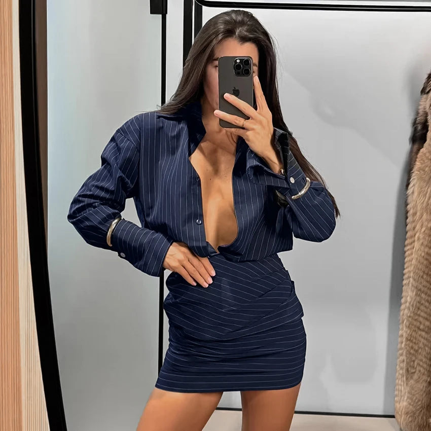 Linad Elegant High Waist Stripe Shirt Dress Women 2025 Street Chic Long Sleeve Slim Dresses Female Office Single Breasted  Dress