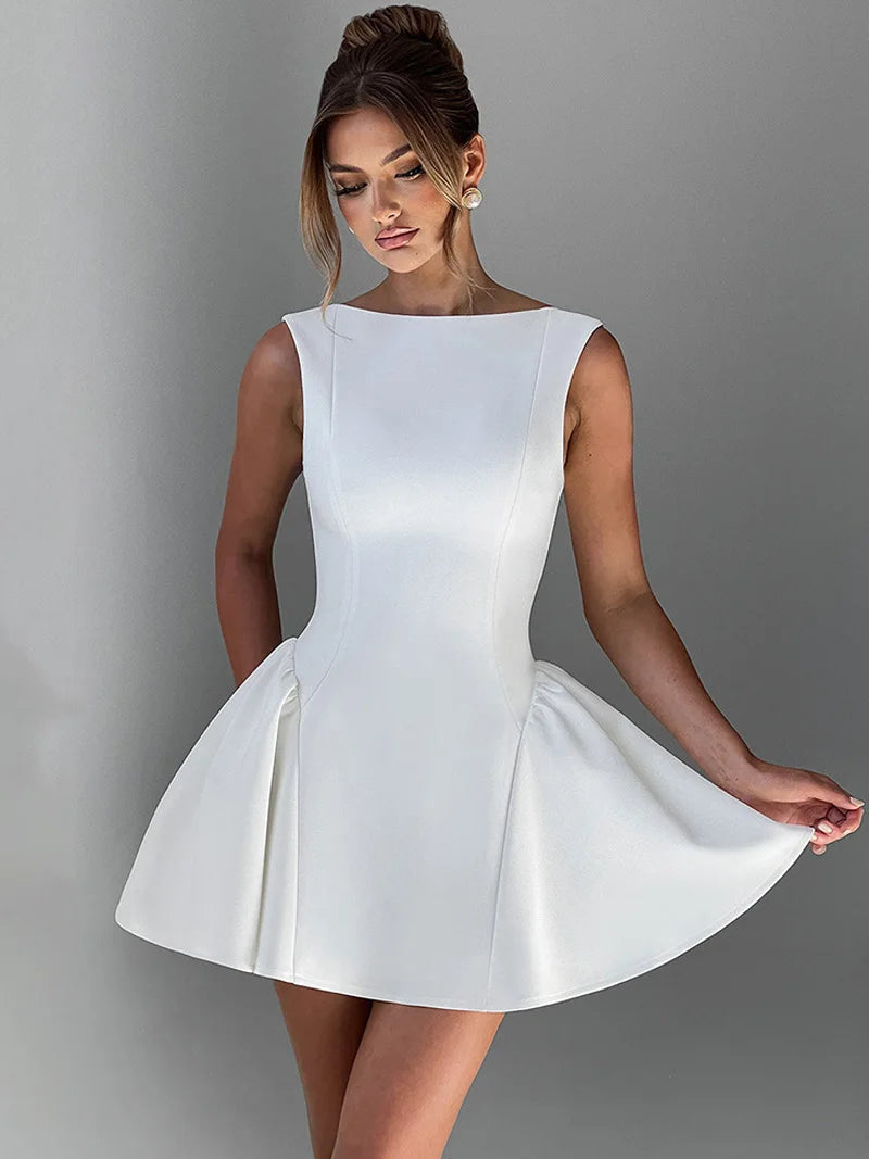 DGLUKE Elegant Red Mini Dress Women Boat Neck Sleeveless High Waist A-line Dress Backless Pleated Short Prom Party Dresses