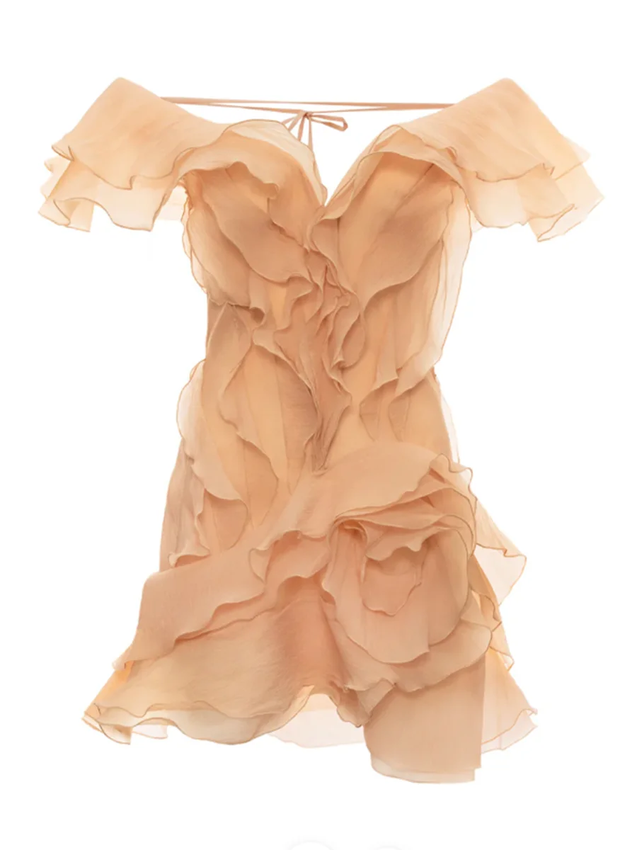 VGH Solid Slimming Sweet Mini Dresses For Women Slash Neck Off The Shoulder Sleeve High Waist Folds Temperament Dress Female New