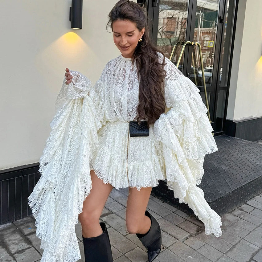 Linad Elegant Apricot Embroidery A Line Dress Fashion Sheer Butterfly Sleeve Dresses For Women Sexy Hollow Out Mini Dress 2025