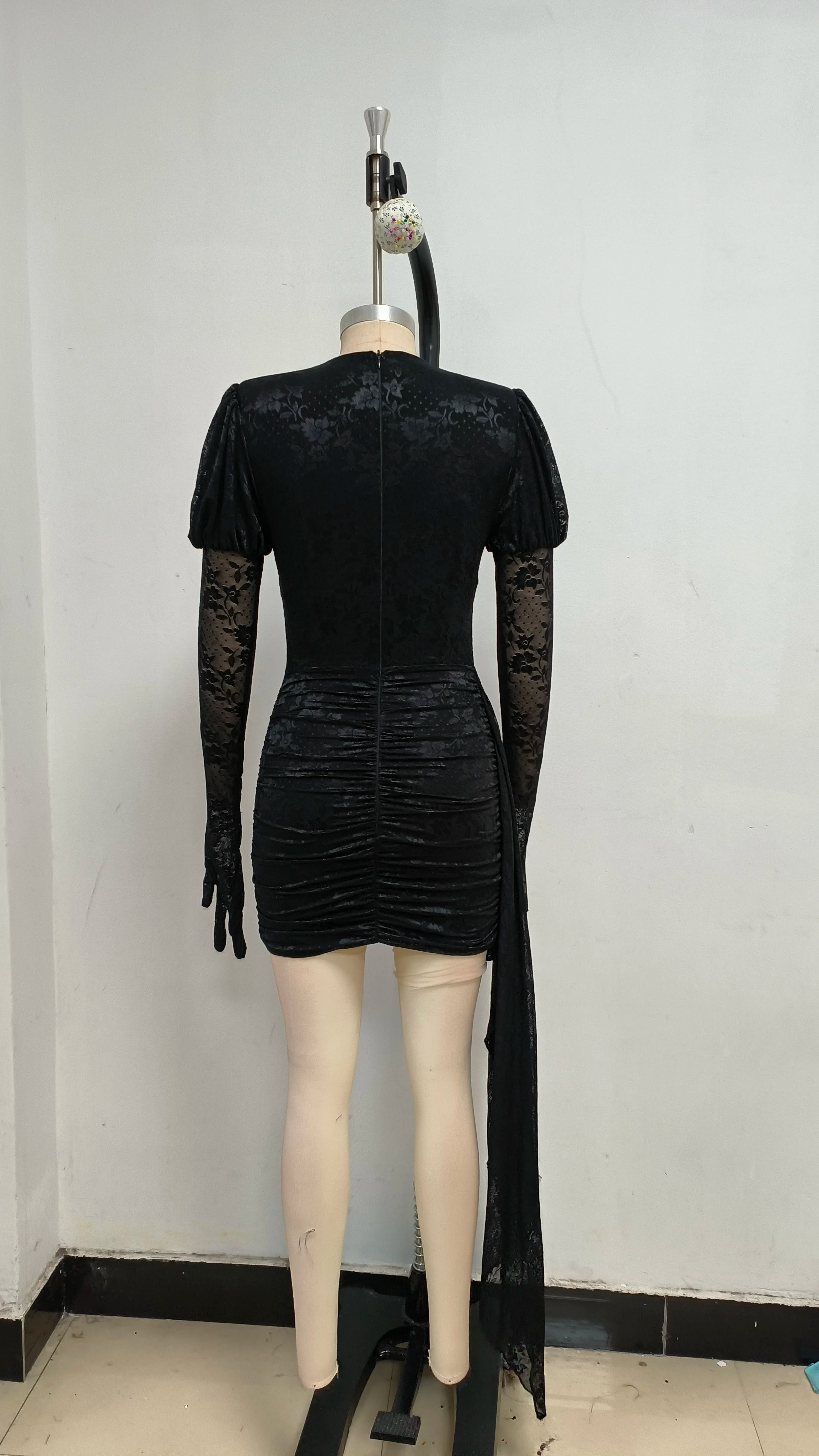 High Quality Red White Women Long Sleeve Sexy Lace Draped Bodycon Mini Dress Gloves Nightclub Party Celebrate Birthday Dress