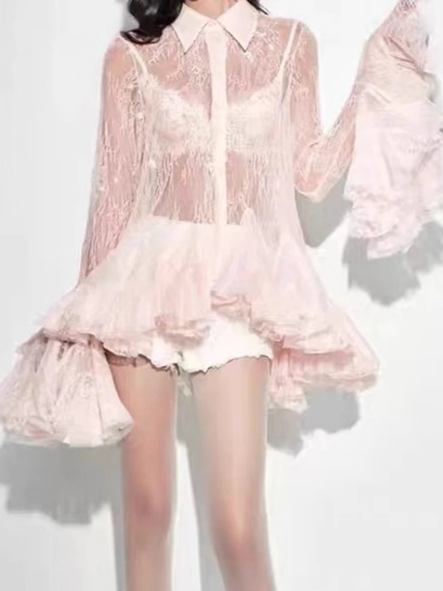 TWOTWINSTYLE Solid Sheer Spliced Lace Sexy Mini Dresses for Women Lapel Long Sleeves Patchwork Ruffles Folds Dress Female New