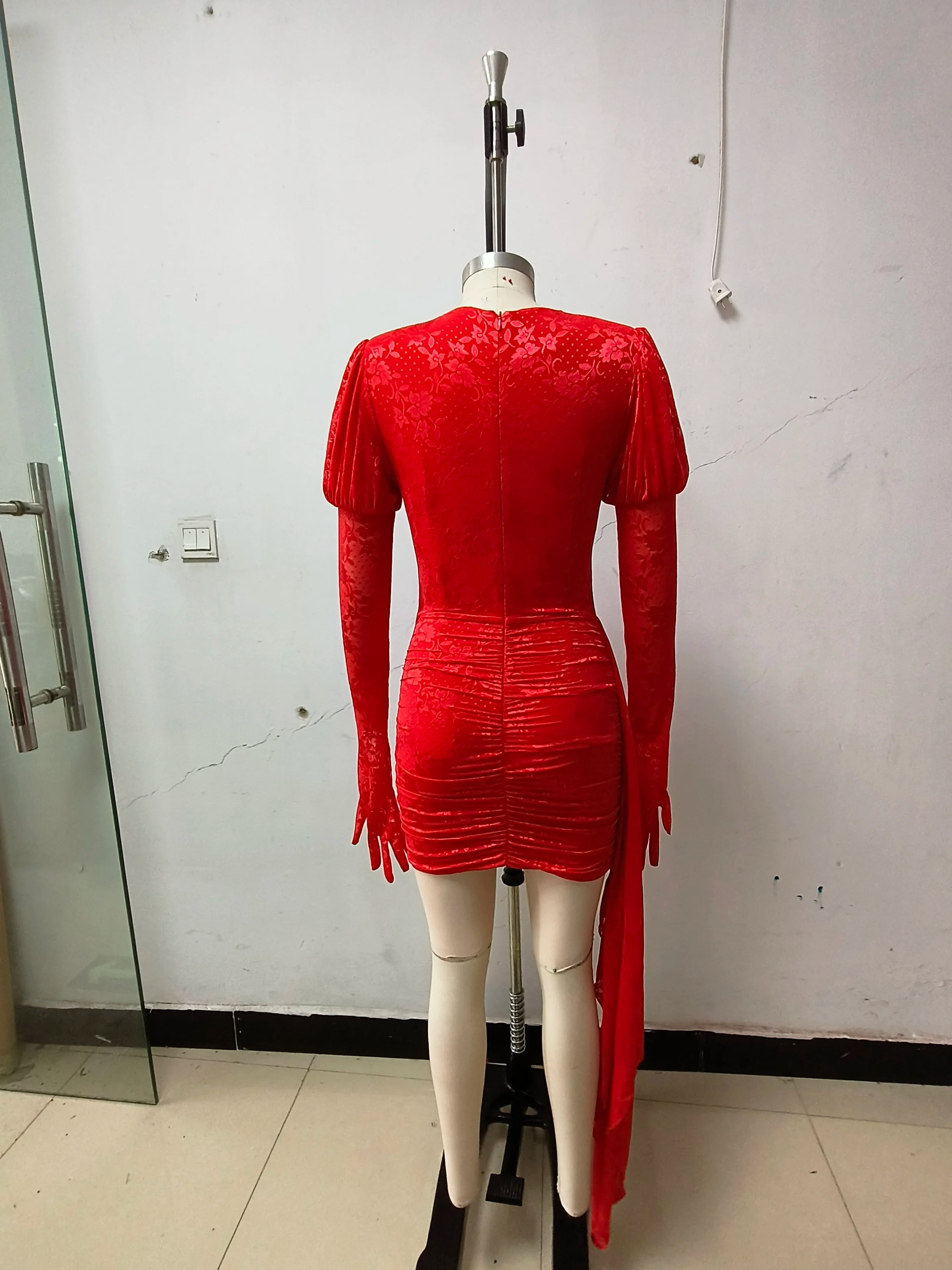 High Quality Red White Women Long Sleeve Sexy Lace Draped Bodycon Mini Dress Gloves Nightclub Party Celebrate Birthday Dress