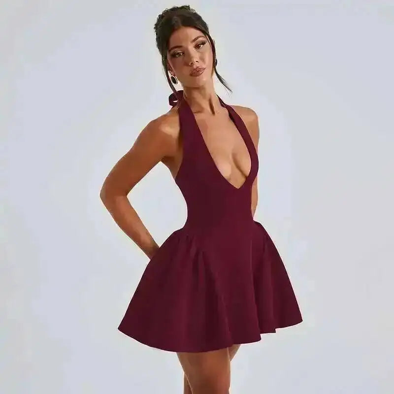 Townlike Waist Wrap A-line Pleated Dress Women Halter Mini 2024 Summer Dress V Neck Backless Nightclub Sexy Party Dresses