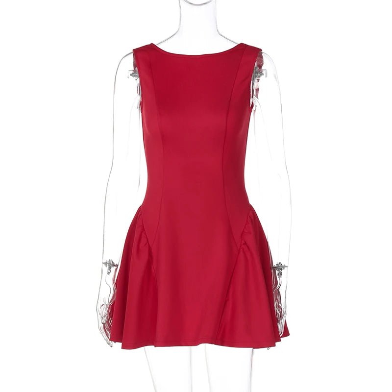 DGLUKE Elegant Red Mini Dress Women Boat Neck Sleeveless High Waist A-line Dress Backless Pleated Short Prom Party Dresses