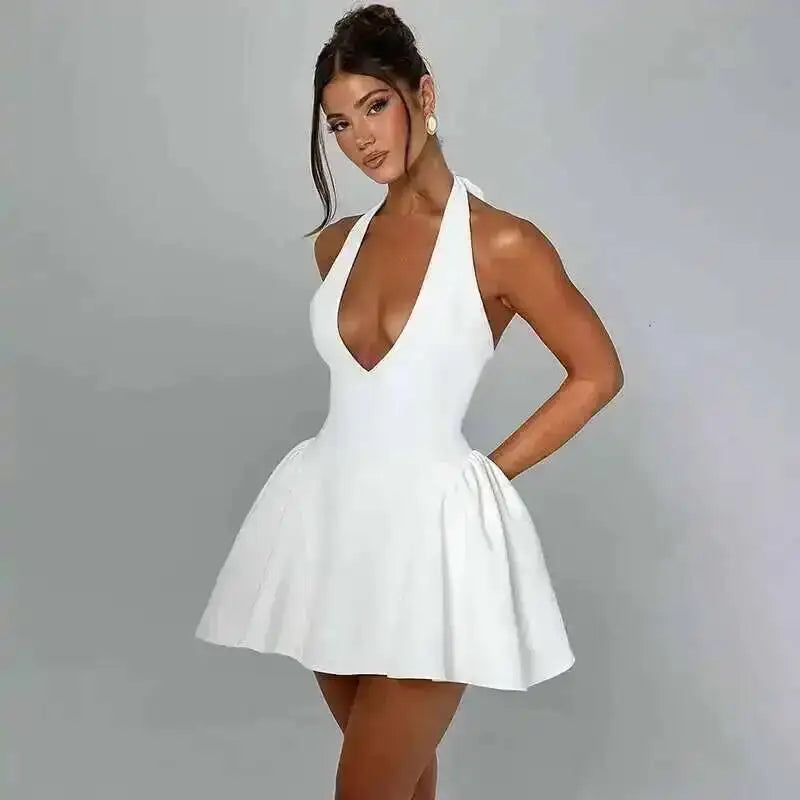 Townlike Waist Wrap A-line Pleated Dress Women Halter Mini 2024 Summer Dress V Neck Backless Nightclub Sexy Party Dresses